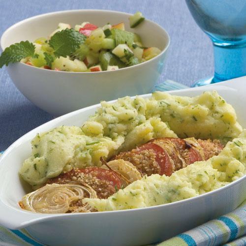 Ugnstekt falukorv med örtmos och fruktsalsa