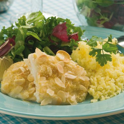 Ungnsstekt mandelfisk med pressad potatis