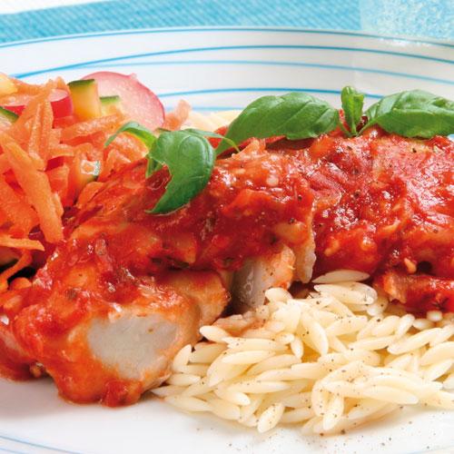 Fisk med pizzatäcke och risoni