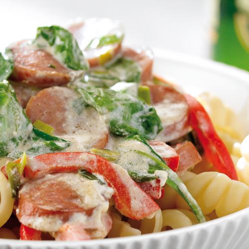 Spenatpasta med chorizo