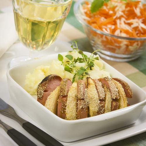 Gratinerad korv med potatis- och persiljerotmos