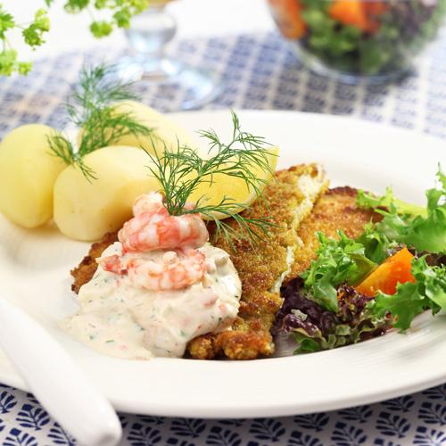 Currypanerad rödspätta med räkröra