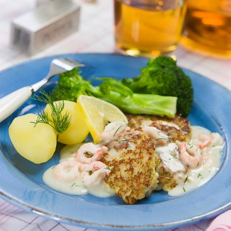 Fiskfärsbiffar med räksås