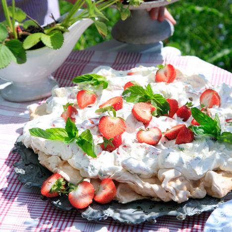 Pavlova med jordgubbsgrädde