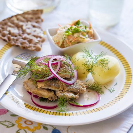 Inlagd stekt sill och gurk- och coleslawsallad