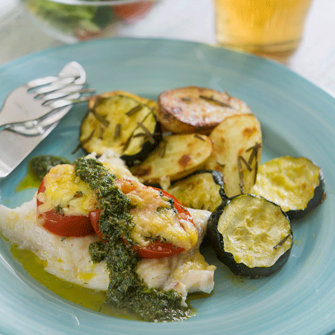Tomatbakad kolja med salsa verde