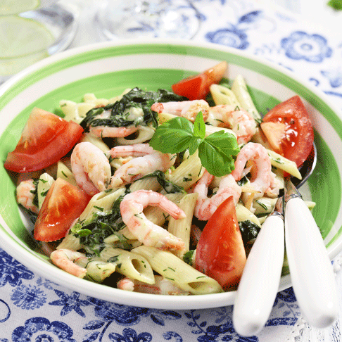 Penne med krämig räk- och spenatsås