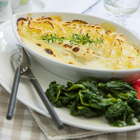 Fiskgratäng med pommes duchesse