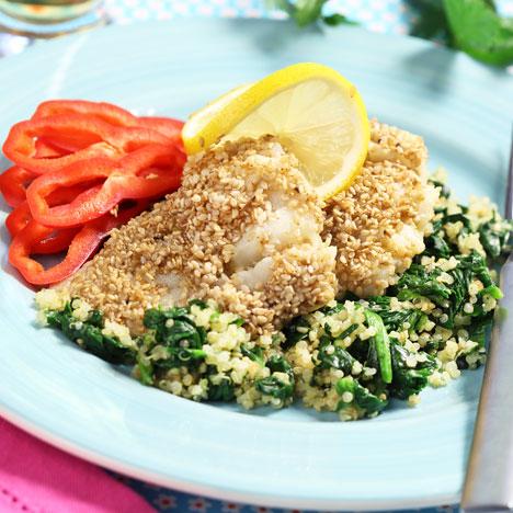 Ugnsbakad sesamtorsk med spenatquinoa