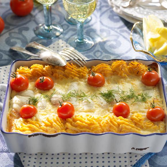 Fiskgratäng med rotsaksmos