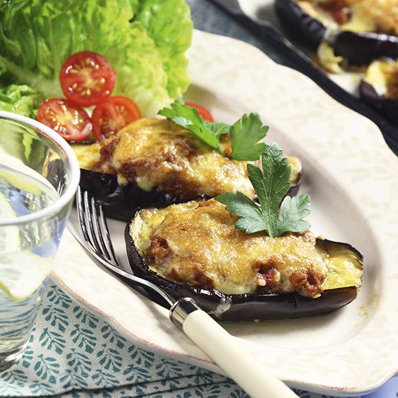 Ugnsbakad sojafärsfylld aubergine