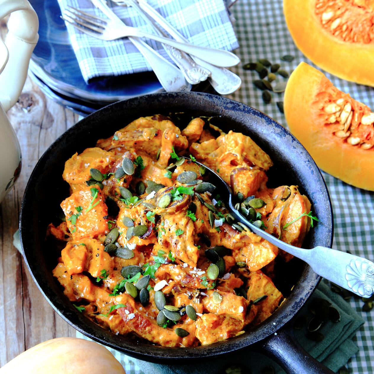 Currystroganoff med rostad pumpa