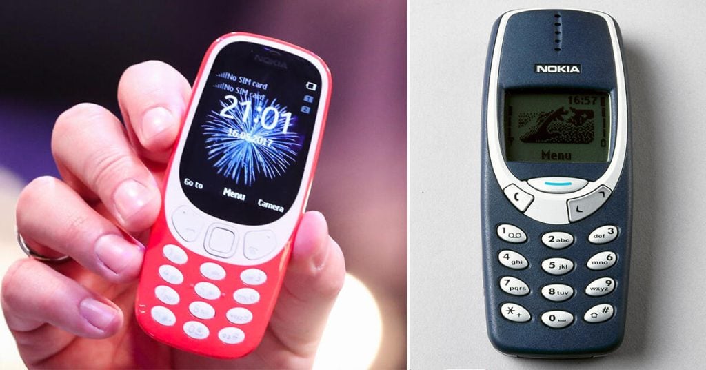 Till vänster ser vi den nya Nokia 3310 i rött, till höger den gamla modellen. Foto: Getty