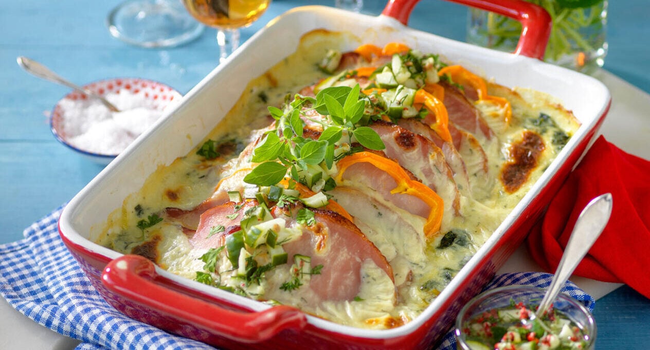 Kasslergratäng med ädelost och spenat
