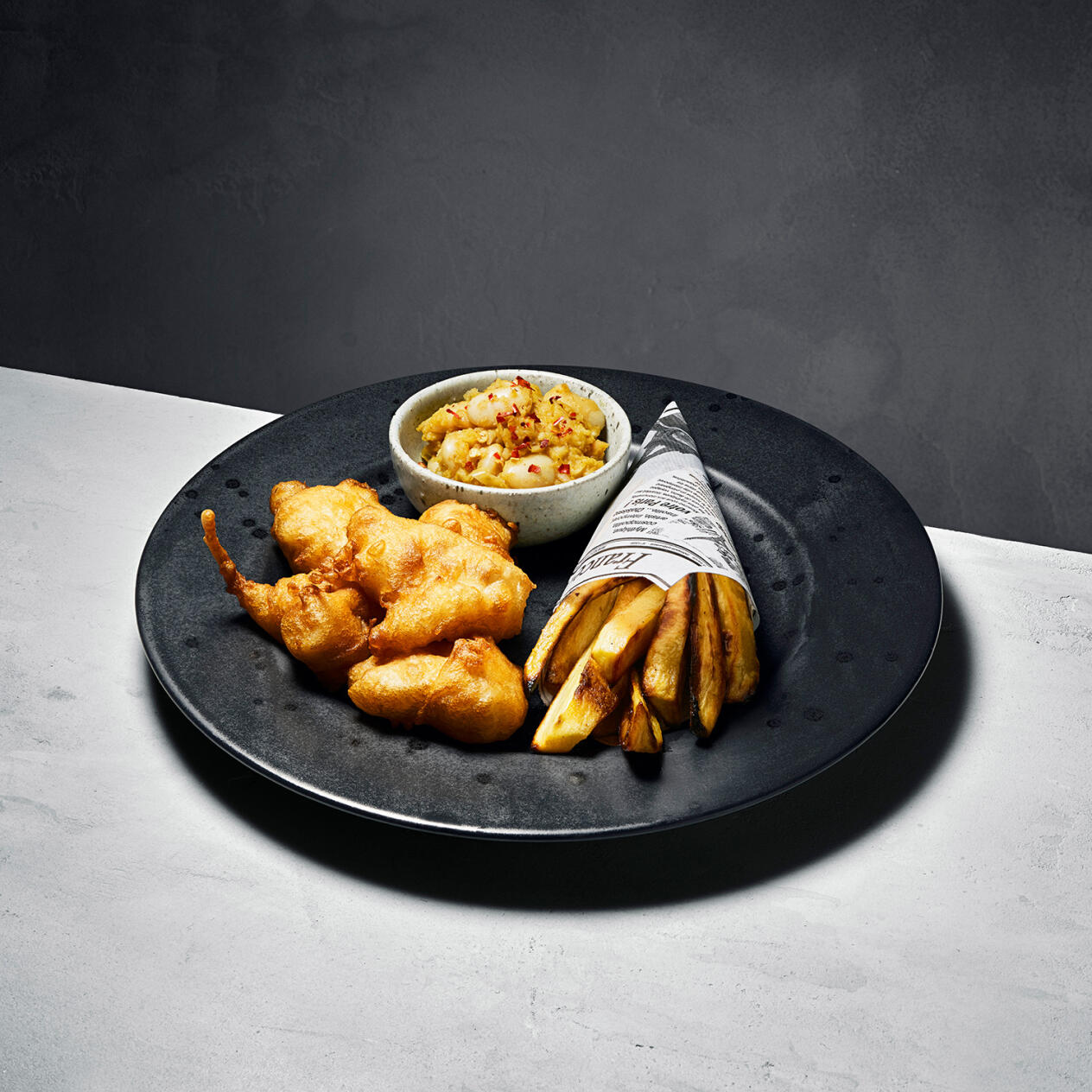 Fish and chips med bönröra