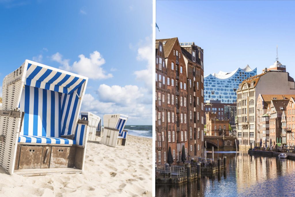 Vä: De typiska strandkorgarna vid Tysklands Nord- och Östersjökust skyddar mot både vind och sol. Foto: Getty Images. Hö: Hamburgs lagerhusområde med konserthuset Elbphilharmonie i bakgrunden. Foto: Getty Images