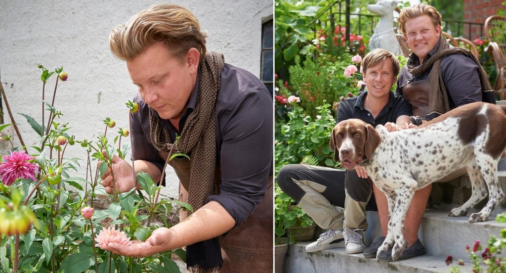 Karl Fredrik och sambon Petter, samt hunden Hamlet, stortrivs på den vackra gården Eklaholm på Österlen i Skåne.