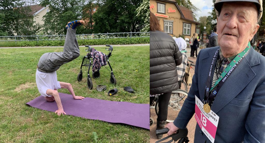 Varje dag ställer Harald ifrån sig rullatorn och står på huvudet. | Foto: Monica Vahlén