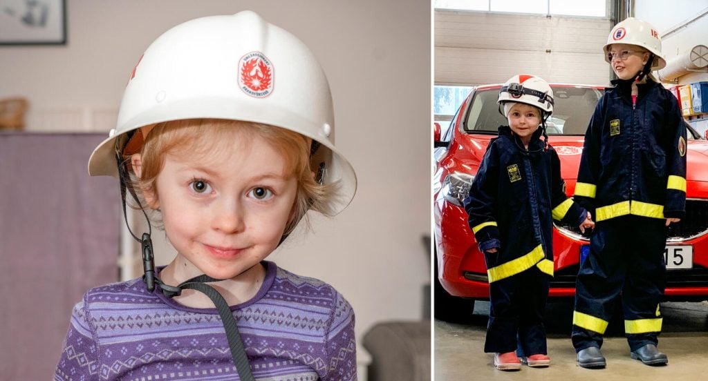 Gry och Isabelle fick prova full brandmannautstyrsel på brandstationen. Efter besöket fick de varsin brandhjälm att ta hem som minne. | Foto: Johan Gunséus, Min stora dag