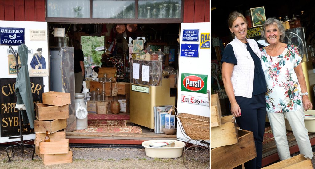 När portarna stängs kan ingen ana att det döljer sig en lanthandel här bakom. Helena och mamma Inger har fortfarande många lådor att packa upp.