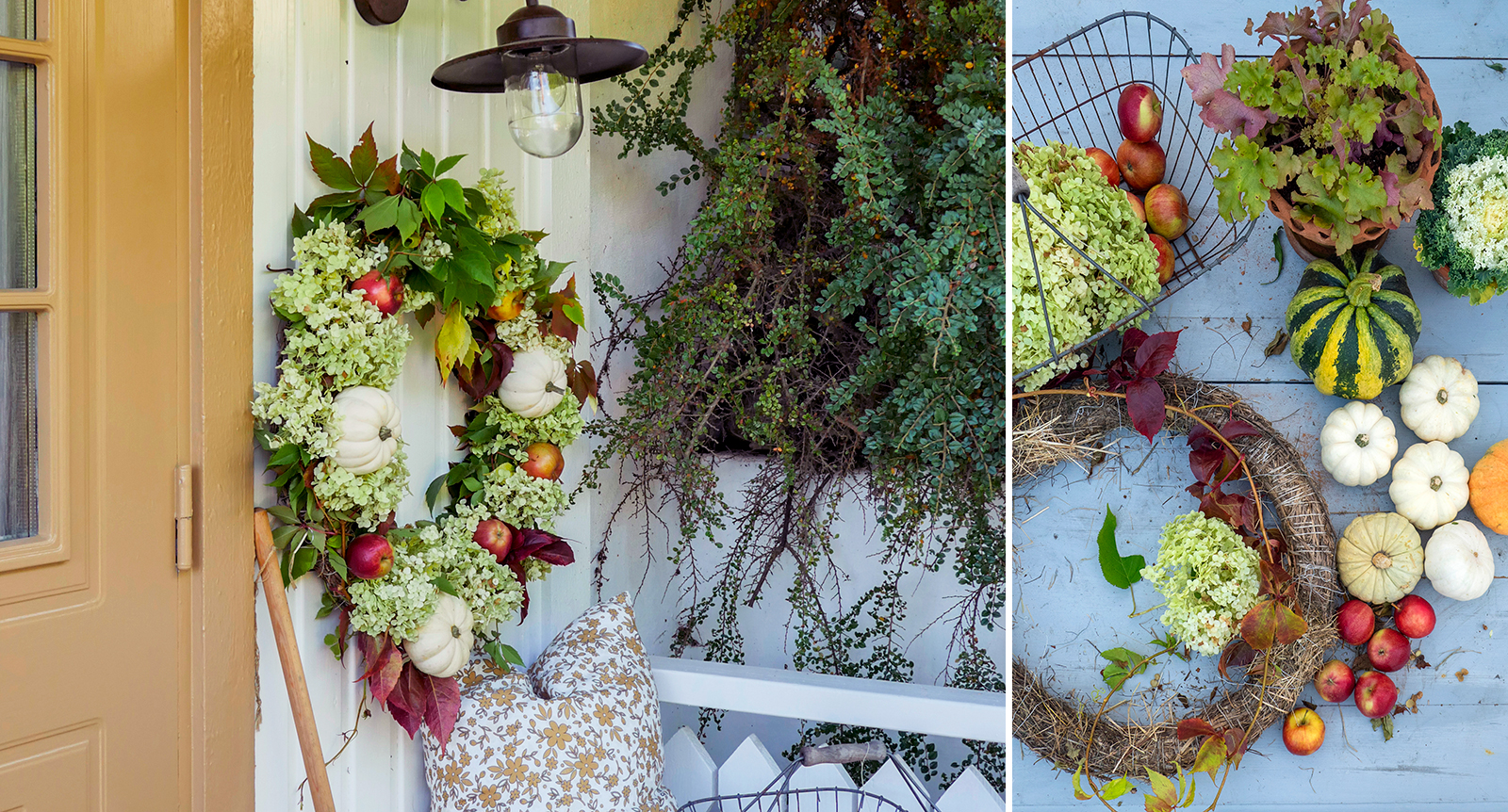 Bind höstens vackraste krans – med pumpor, äpplen och blommor