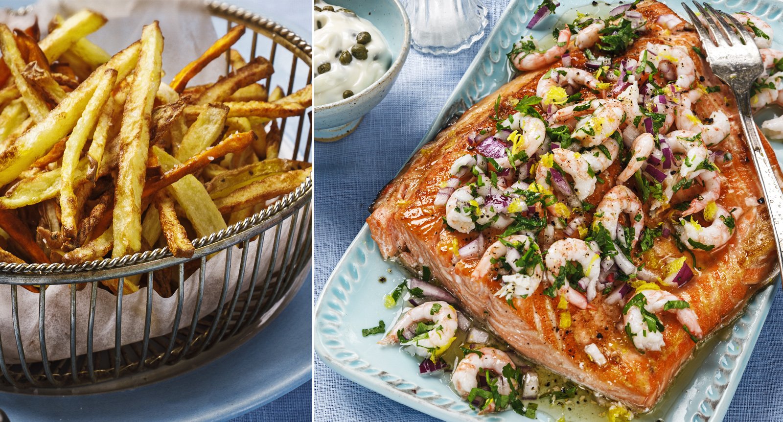 Grillad lax med räksalsa och pommes i airfryer