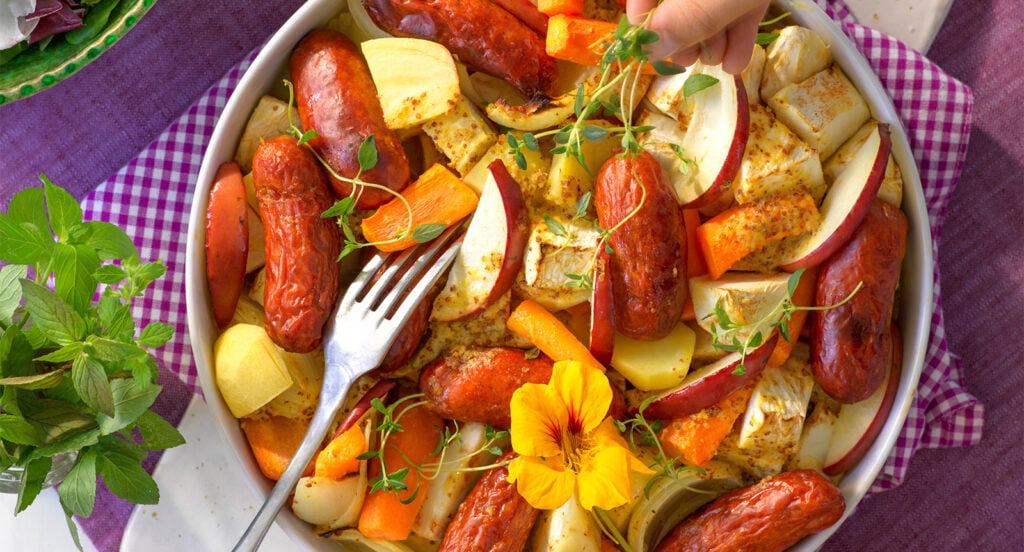 Chorizo med rotfrukter.