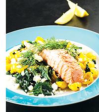 Spenat- och muskotpasta med stekt laxfilé