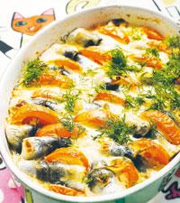 Ugnslagad strömming med purjolök, dill och tomat