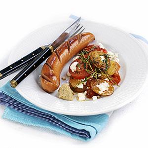 Stekt korv med getostpotatis