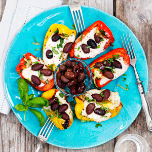 Grillad paprika med mozzarella och oliver