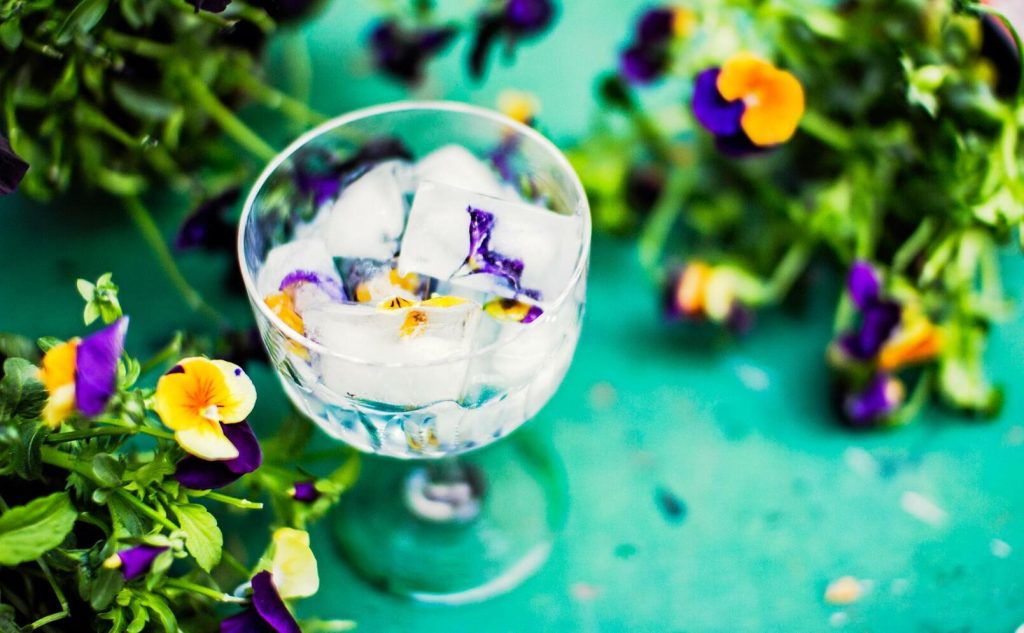 Penséer är både vackra och ätbara. Lavendel, gurkört och ros är andra tips från utställningen Berusande trädgårdar på Spritmuseet i Stockholm. Foto: Annika Bäckström