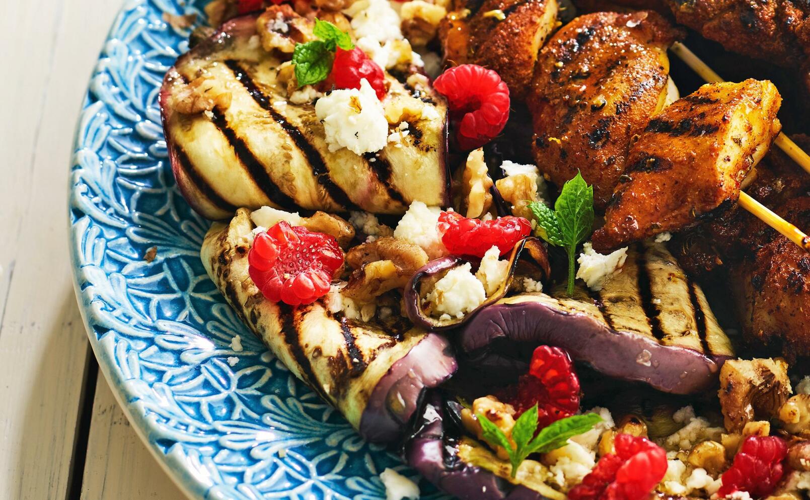 Grillad aubergine med hallon
