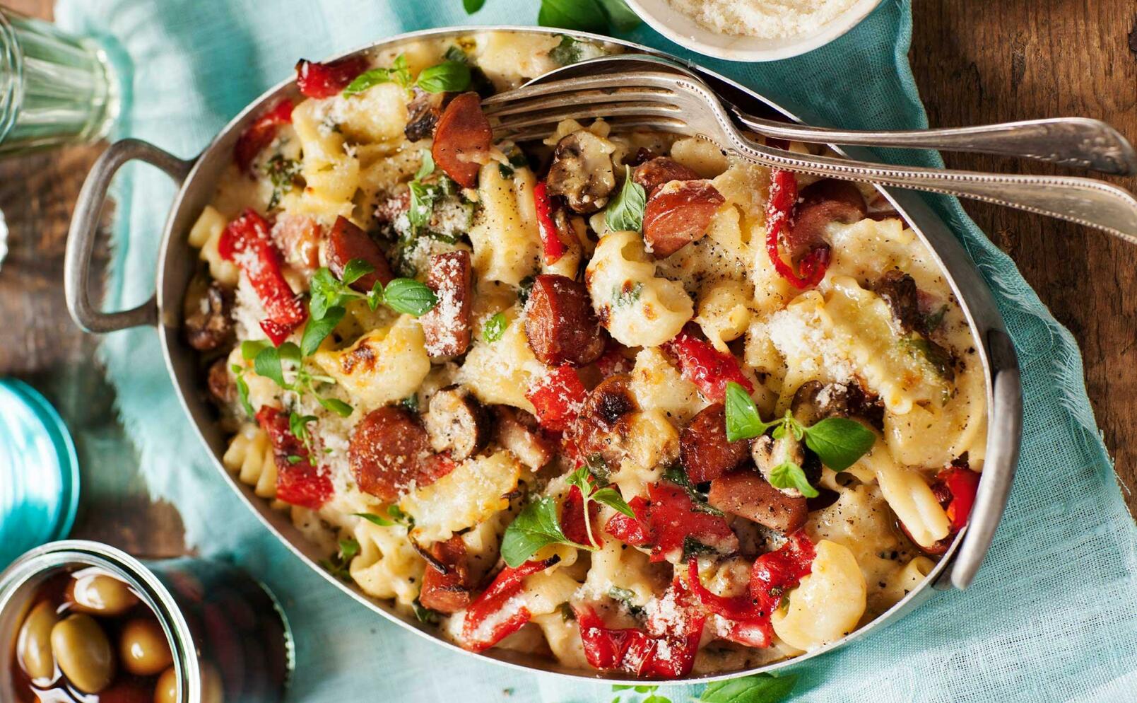 Pastagratäng med chorizo