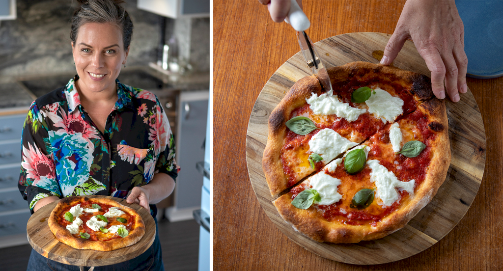 Kocken Sandra Mastio visar klassiska pizzan margherita