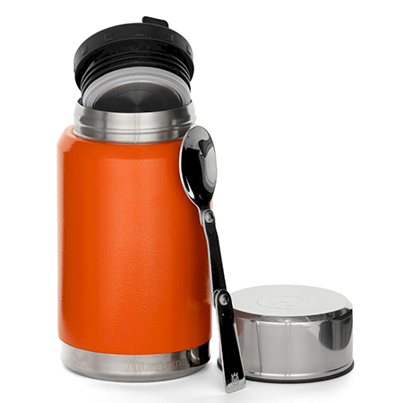 Orange mattermos huskvarna med  mugg och vikbar sked.