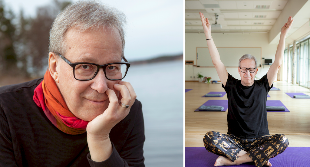 Portrtätt på Ulf Wallgren och en bild där hon sitter på yogamatta i yogasal.