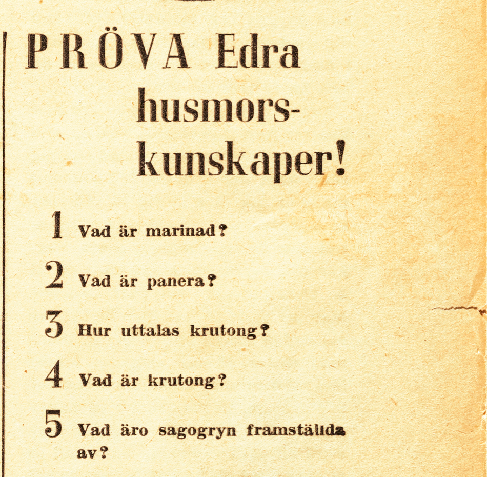 Frågor om husmorskunskaper på gammalt omslag a Icakuriren 1942