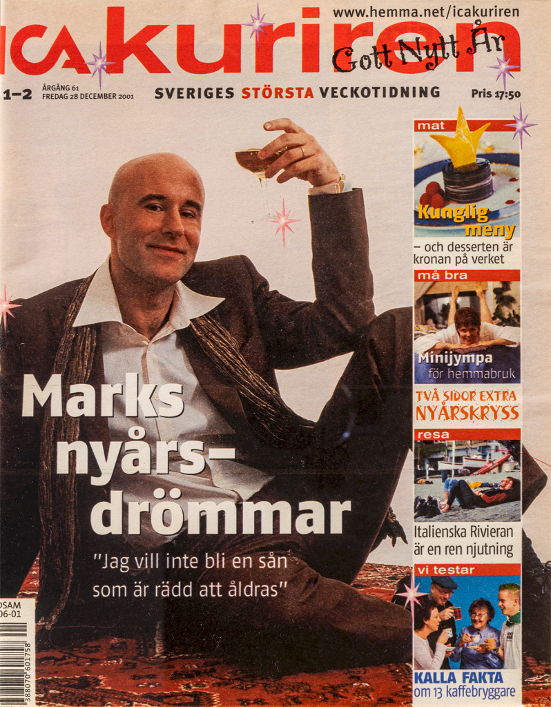 Mark Levengood håller i champangeglas på omslag till Icakurien 2001.