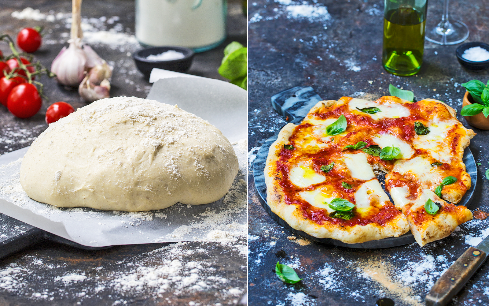 Italiensk pizzadeg och tomatsås