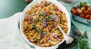 Müslipaj med krusbär och vaniljglassås