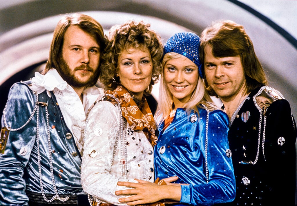 Gruppen Abba med Benny Adersson, Anni-Frid Lyngstad, Agnetha Fältskog och Björn Ulvaeus när de tävlade med Waterloo i Svenska Melodifestivalen 1974.