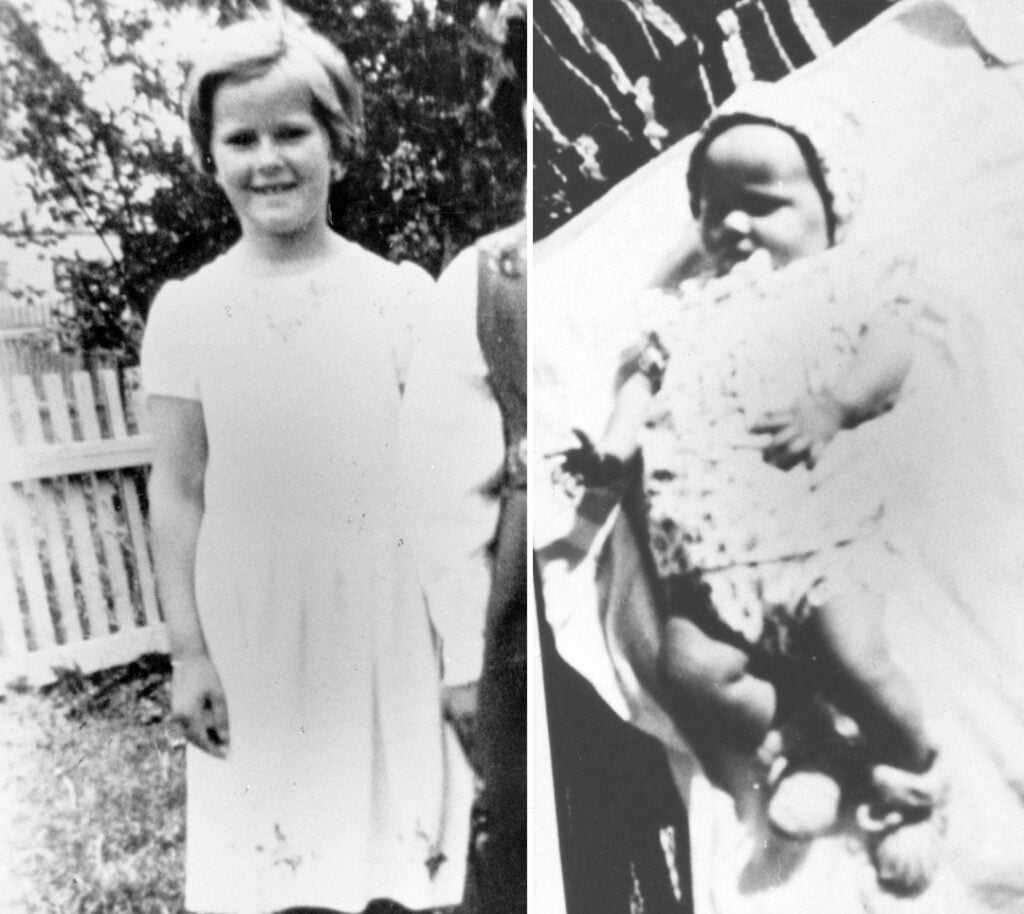 Två svartvita bilder på artisten Anni-Frid Lyngstad som liten. Till vänster som 5-åring år 1950, men ljus kortärmad klänning. Till höger som 7 månader gammal i spjällsäng.